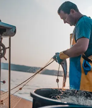 A man working with fishing nets at sea
